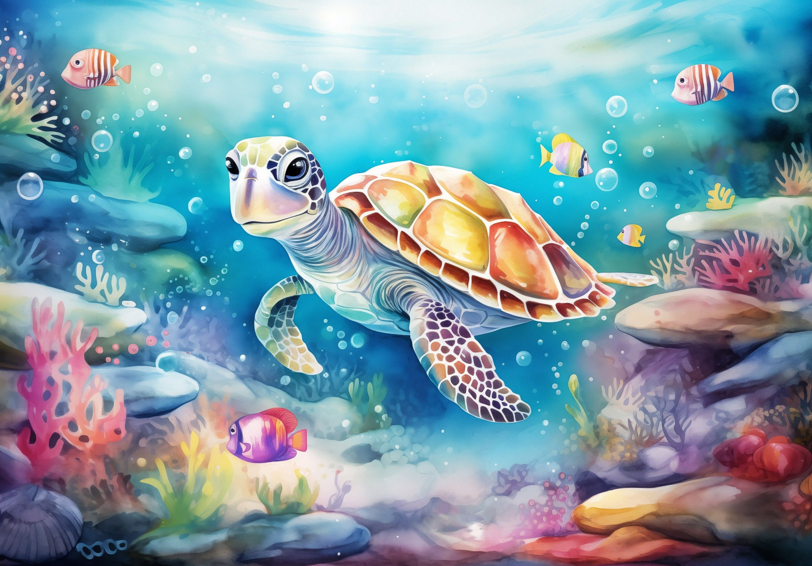 Флис Фототапет Water world Костенурка акварел